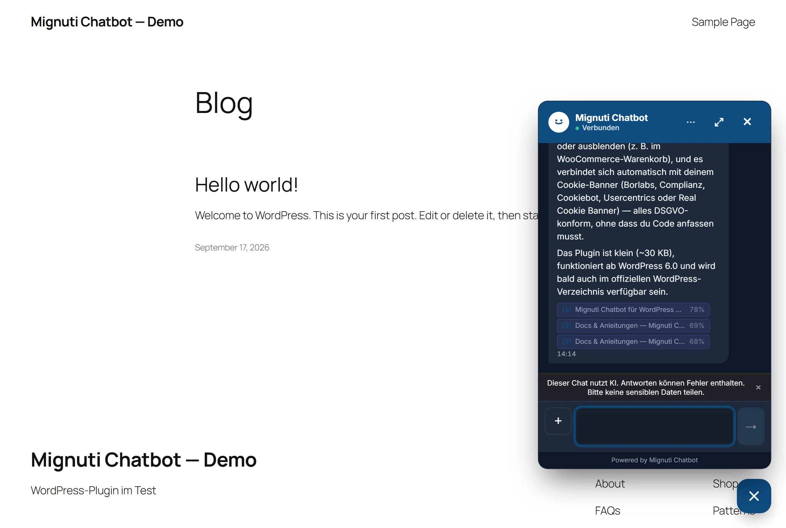 Geöffnetes Mignuti-Chatbot-Widget auf einer WordPress-Seite mit Standard-Theme: Antwort auf die Frage, wie man den Chatbot in WordPress installiert, Quellenangaben und KI-Hinweis.