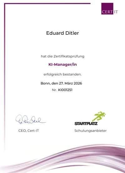 Zertifikat KI-Manager/in von Cert-IT für Eduard Ditler